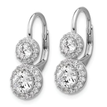 Rhodium Over Sterling Silver Double Round Cubic Zirconia Halo Leverback Earrings