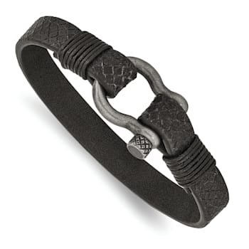 Black Leather and Stainless Steel Antiqued White Bronze Plated 8-inch
Shackle Bracelet