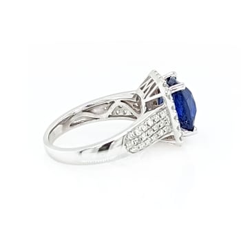 4.87 Ctw Blue Sapphire and 1.08 Ctw White Diamond Ring in 14K WG