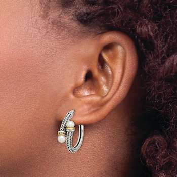 Sterling Silver Antiqued with 14K Accent 4mm Freshwater Cultured Pearl
Hoop Earrings