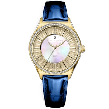 Christian Van Sant Women's Luna White Dial, Blue Leather Strap Watch