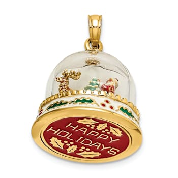 14k Yellow Gold 3D Enameled Christmas Snow Globe Pendant
