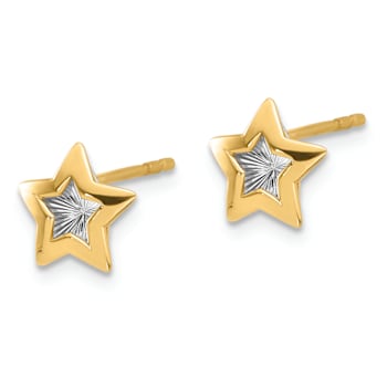 14k Two-tone Polished and Textured Star Stud Earrings