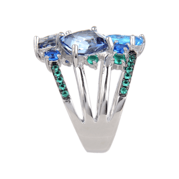 Multi-color Quartz, Blue Topaz and Green Nanocrystal Rhodium Over
Sterling Silver Ring