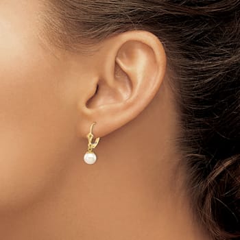 14K Yellow Gold 6-7mm White Round Freshwater Cultured Pearl Leverback Earrings
