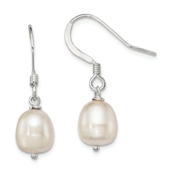 Sterling Silver Polished 7-8mm Freshwater Cultured Pearl Dangle Earrings