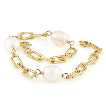 Cultured Freshwater Pearl Station Paperclip Chain Bracelet In 14K Gold
Over Sterling Silver 8mm