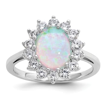Rhodium Over Sterling Silver Lab Created Opal and Cubic Zirconia Oval
Halo Ring