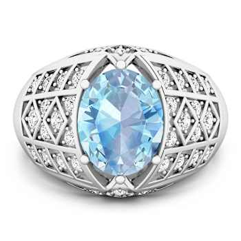 2.32ctw Blue Aquamarine and Diamond 14K White Gold Halo Ring