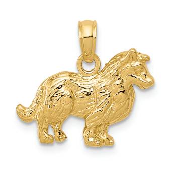 14k Yellow Gold Textured Collie Dog Pendant