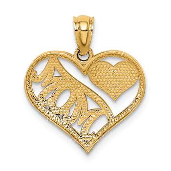 14k Yellow Gold Textured Polished MOM and Heart In Heart Pendant