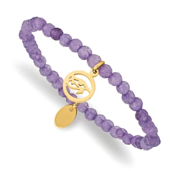 Yellow Stainless Steel Polished Eye of Horus Purple Jade Stretch Bracelet