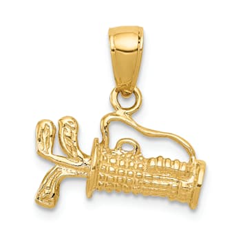 14k Yellow Gold Solid 3D Polished and Textured Golf Bag with Clubs pendant