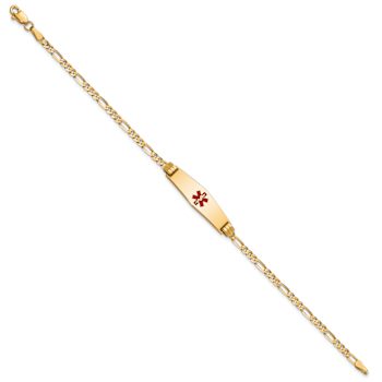 10k Yellow Gold Medical Soft Diamond Shape Red Enamel Figaro Link ID Bracelet