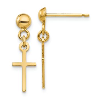 14k Yellow Gold Polished Cross Dangle Stud Earrings