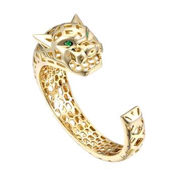 Emerald Color CZ Jaguar Cuff Bracelet In 14K Gold Over Brass