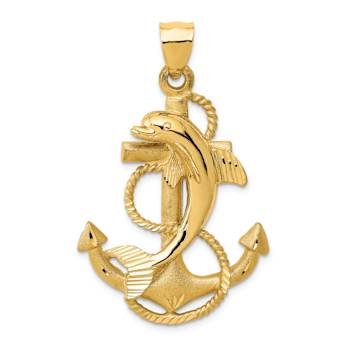 14k Yellow Gold Diamond-Cut and Satin Dolphin on Anchor Pendant