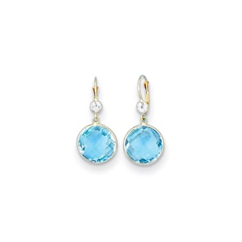 14K Yellow Gold Blue and White Topaz Leverback Dangle Earrings