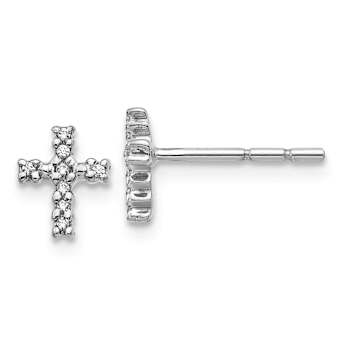 Rhodium Over 14k White Gold Polished Diamond Cross Stud Earrings