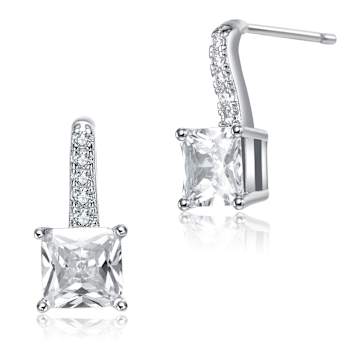 Princess-Cut CZ Solitaire Drop Earrings In White Rhodium Over Brass