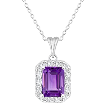 8x6mm Emerald Cut Amethyst and White Topaz Accent Rhodium Over Sterling
Silver Halo Pendant w/Chain