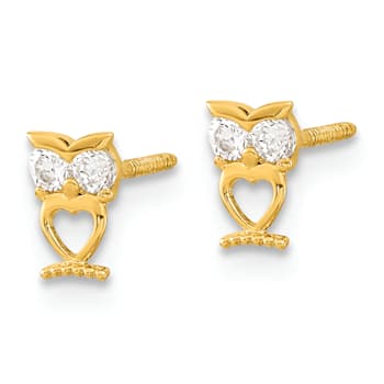 14K Yellow Gold Children's Owl with Cubic Zirconia Stone Eyes Stud Earrings