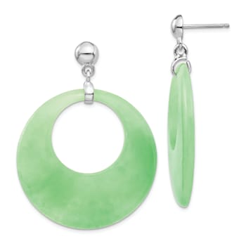 Rhodium Over Sterling Silver Polished Jadeite Circle Post Dangle Earrings