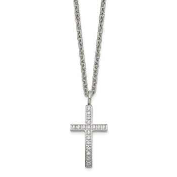 White Cubic Zirconia Stainless Steel Men's Cross Pendant With Chain