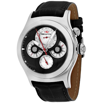 Seapro Men's Chronoscope Black Dial, White Bezel, Black Leather Strap Watch