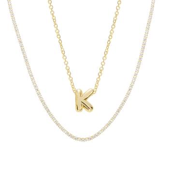 CZ Initial K Tennis Necklace And Pendant Set In 14K Gold Over Brass 4.05ctw