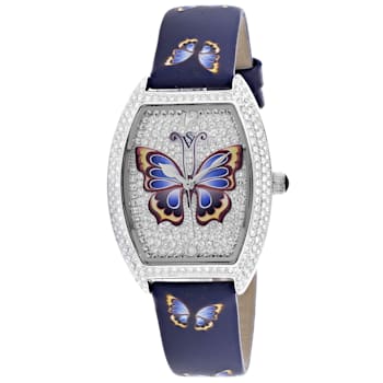 Christian Van Sant Women's Papillon Blue with Multi-color Butterfly
Design Leather Strap Watch