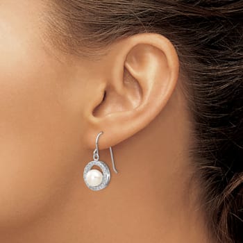 Rhodium Over Sterling Silver 7-8mm White Freshwater Cultured Pearl Cubic
Zirconia Dangle Earrings