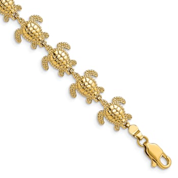 14k Yellow Gold Polished and Textured Mini Sea Turtle Link Bracelet