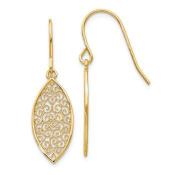 14k Yellow Gold Fancy Filigree Textured Teardrop Dangle Earrings