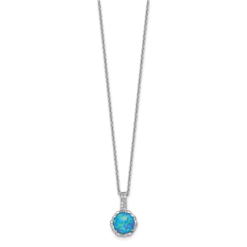Rhodium Over Sterling Silver Cubic Zirconia and Created Blue Opal Necklace