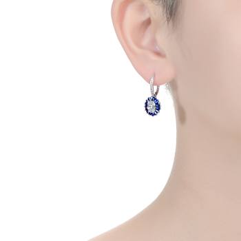 Sapphire Color CZ Halo Drop Earrings In Sterling Silver