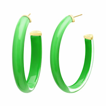 14K Yellow Gold Over Sterling Silver XL Oval Illusion Acrylic Hoops in Green