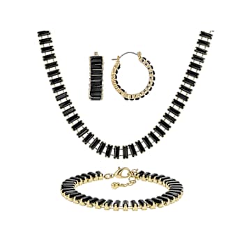 Black Crystal Tennis Necklace, Bracelet And Earring Set In Gold Tone