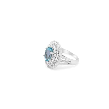 10x8mm Oval Aquamarine and White CZ Rhodium Over Sterling Silver Ring, 2.46ctw
