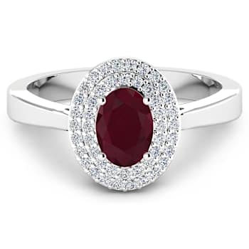 1.11ctw Red Ruby and Diamond 14K White Gold Halo Ring