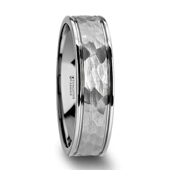 THORNTON Hammered Finish White Tungsten Carbide Wedding Band with Offset
Grooves/Polished Edges 6mm