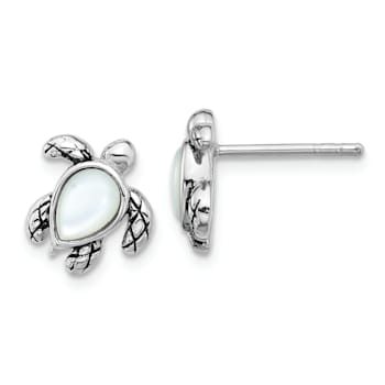 Rhodium Over Sterling Silver Antiqued Mother of Pearl June Birthstone
Turtle Earrings