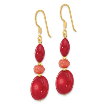 14K Gold Over Sterling Silver Coral and Jadeite Dangle Earrings
