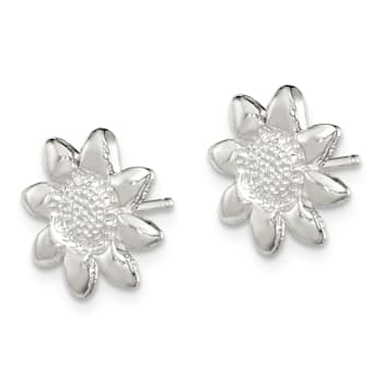 Rhodium Over Sterling Silver Polished and Textured Sunflower Post Earrings