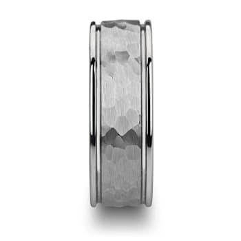 THORNTON Hammered Finish White Tungsten Carbide Wedding Band with Offset
Grooves/Polished Edges 8mm