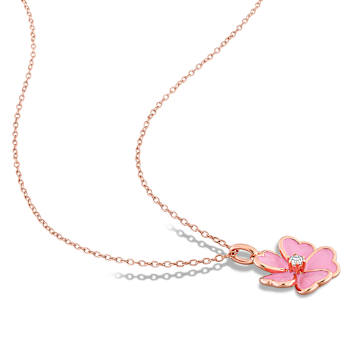 1/10 CT TGW White Topaz with Pink Enamel Flower Pendant with Chain in
Rose Plated Sterling Silver