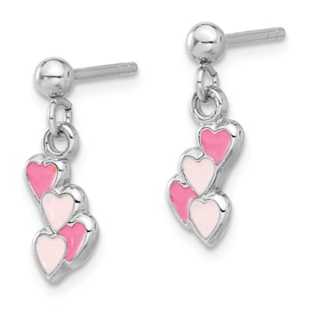 Rhodium Over Sterling Silver Pink Enamel Hearts Post Dangle Earrings