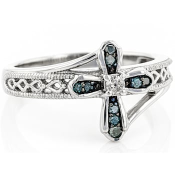 Blue And White Diamond Rhodium Over Sterling Silver Cross Ring 0.15ctw