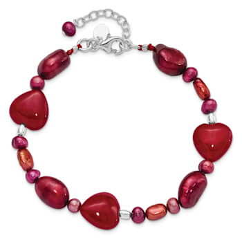 Sterling Silver Red Jade Hearts/Freshwater Cultured Pearl Bracelet
