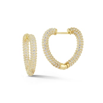 Sterling Statements 14K Yellow Gold Over Sterling Silver Pave Heart Hoop Earrings
